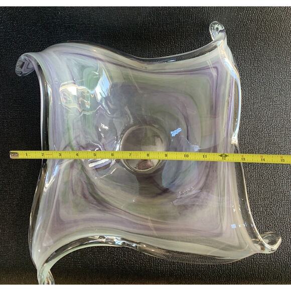 19” Murano Style Handblown Bowl Glass Ribbon Vase Wave Ribbed Purple Green Glass - Picture 9 of 16